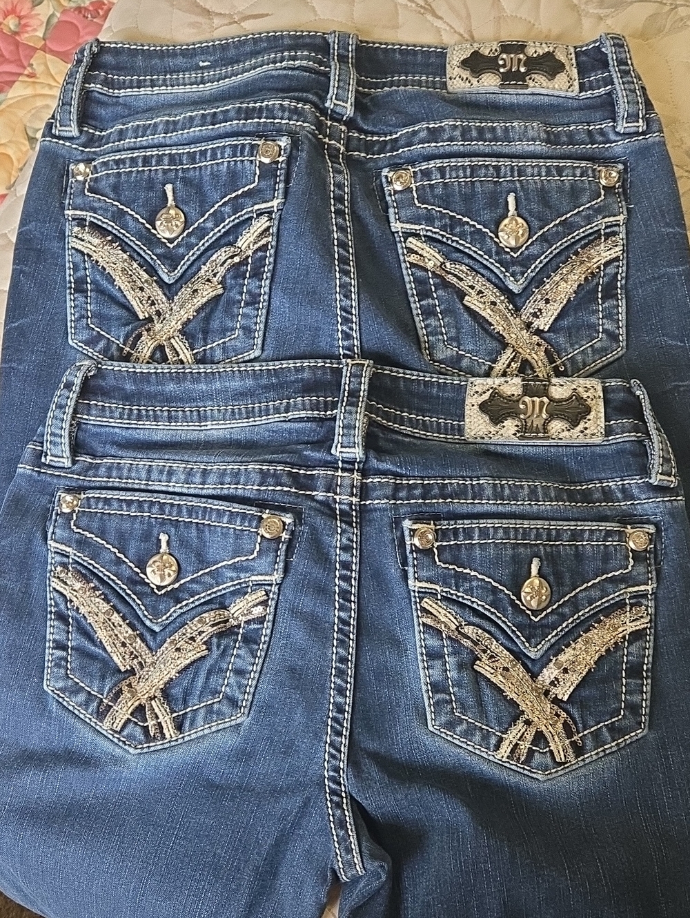 Miss Me Dark Blue Boot Cut Jeans with Silver Embroidered Pockets